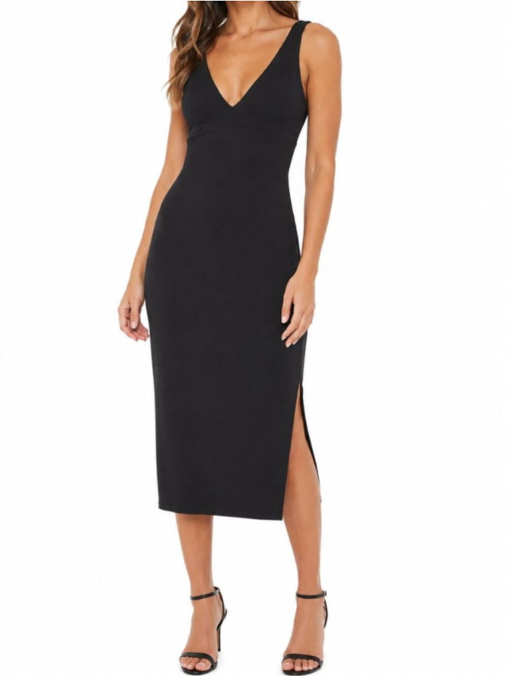 ABERCROMBIE & FITCH Bodycon Midi Dress Black XS V-Neck Stretch Empire Waist LBD